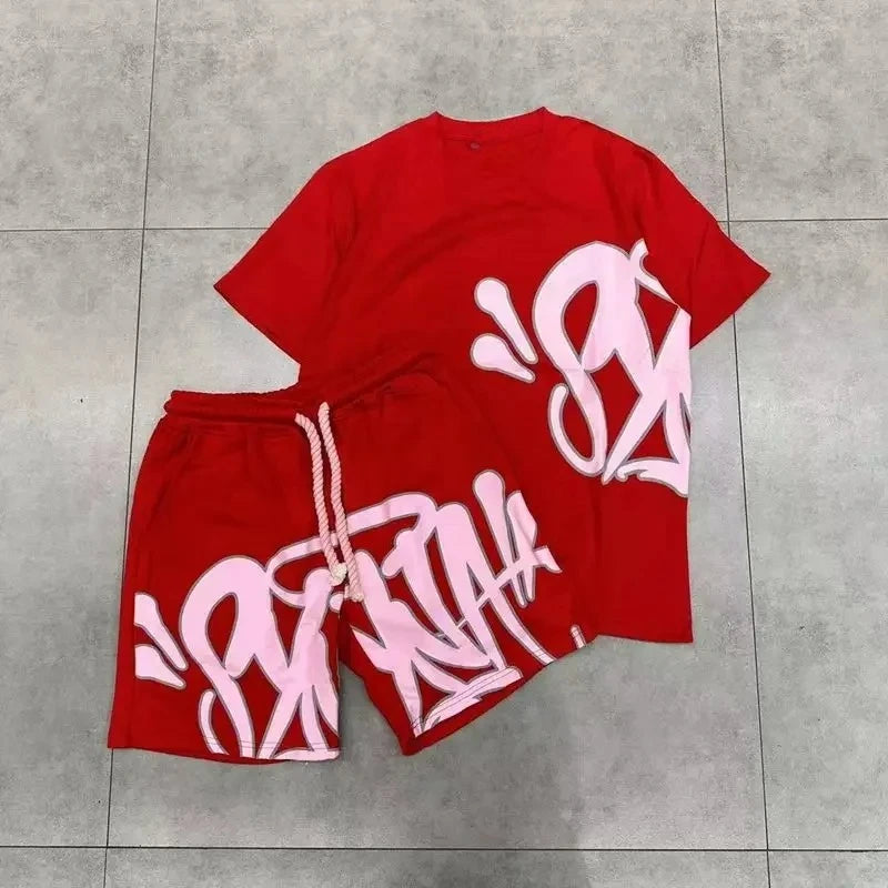 American Men'S Suit Fashion Printing Casual Sports round Neck Short-Sleeved Suit Oversize Men'S Cotton T-Shirt + Shorts