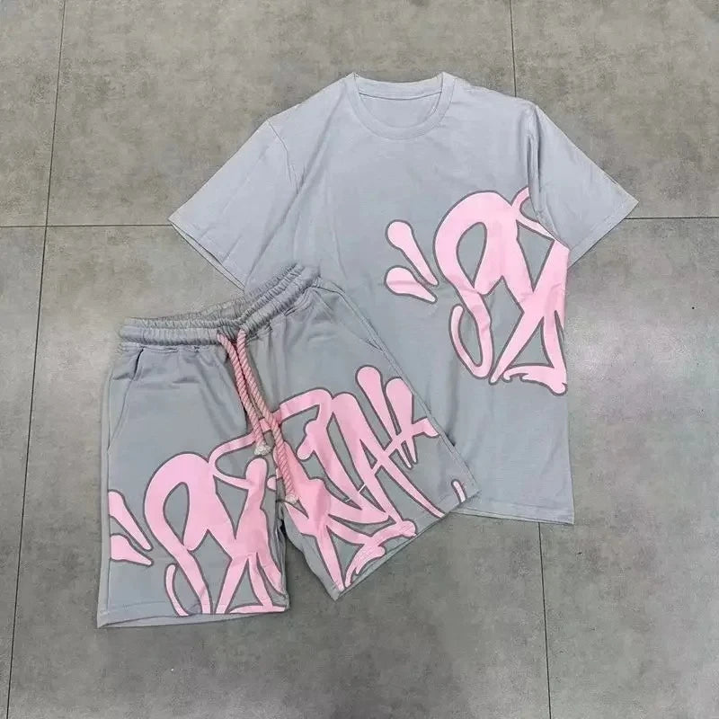 American Men'S Suit Fashion Printing Casual Sports round Neck Short-Sleeved Suit Oversize Men'S Cotton T-Shirt + Shorts