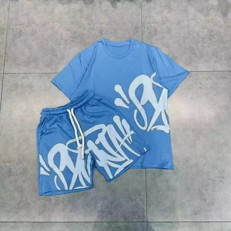 American Men'S Suit Fashion Printing Casual Sports round Neck Short-Sleeved Suit Oversize Men'S Cotton T-Shirt + Shorts