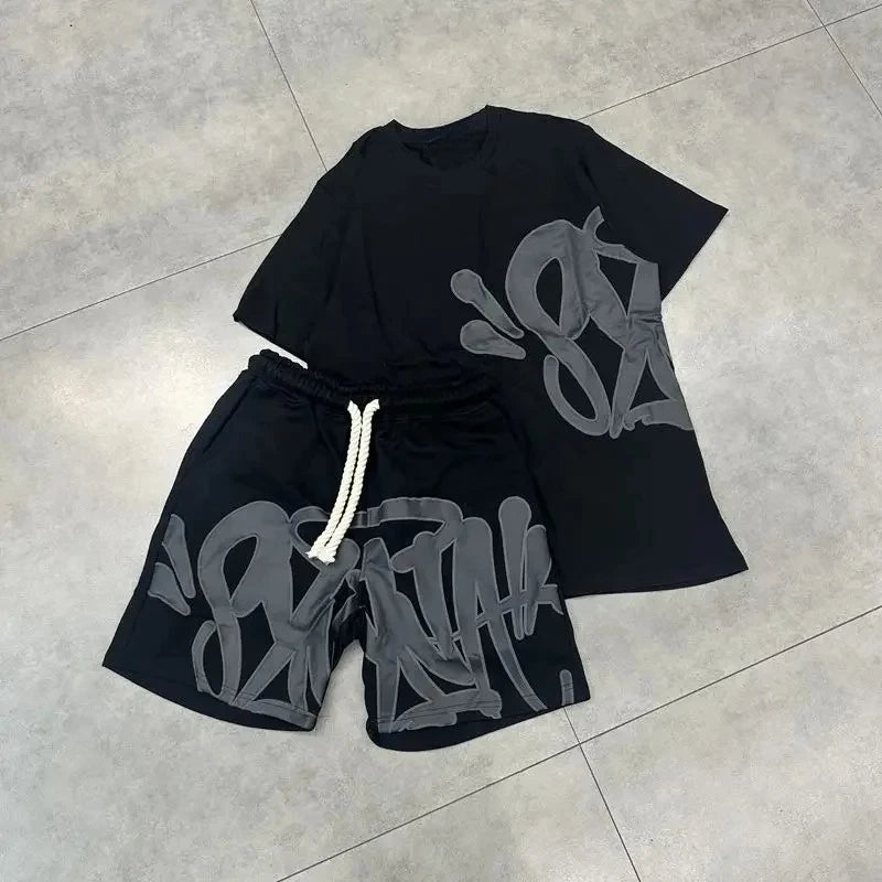 American Men'S Suit Fashion Printing Casual Sports round Neck Short-Sleeved Suit Oversize Men'S Cotton T-Shirt + Shorts