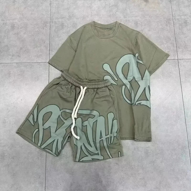 American Men'S Suit Fashion Printing Casual Sports round Neck Short-Sleeved Suit Oversize Men'S Cotton T-Shirt + Shorts